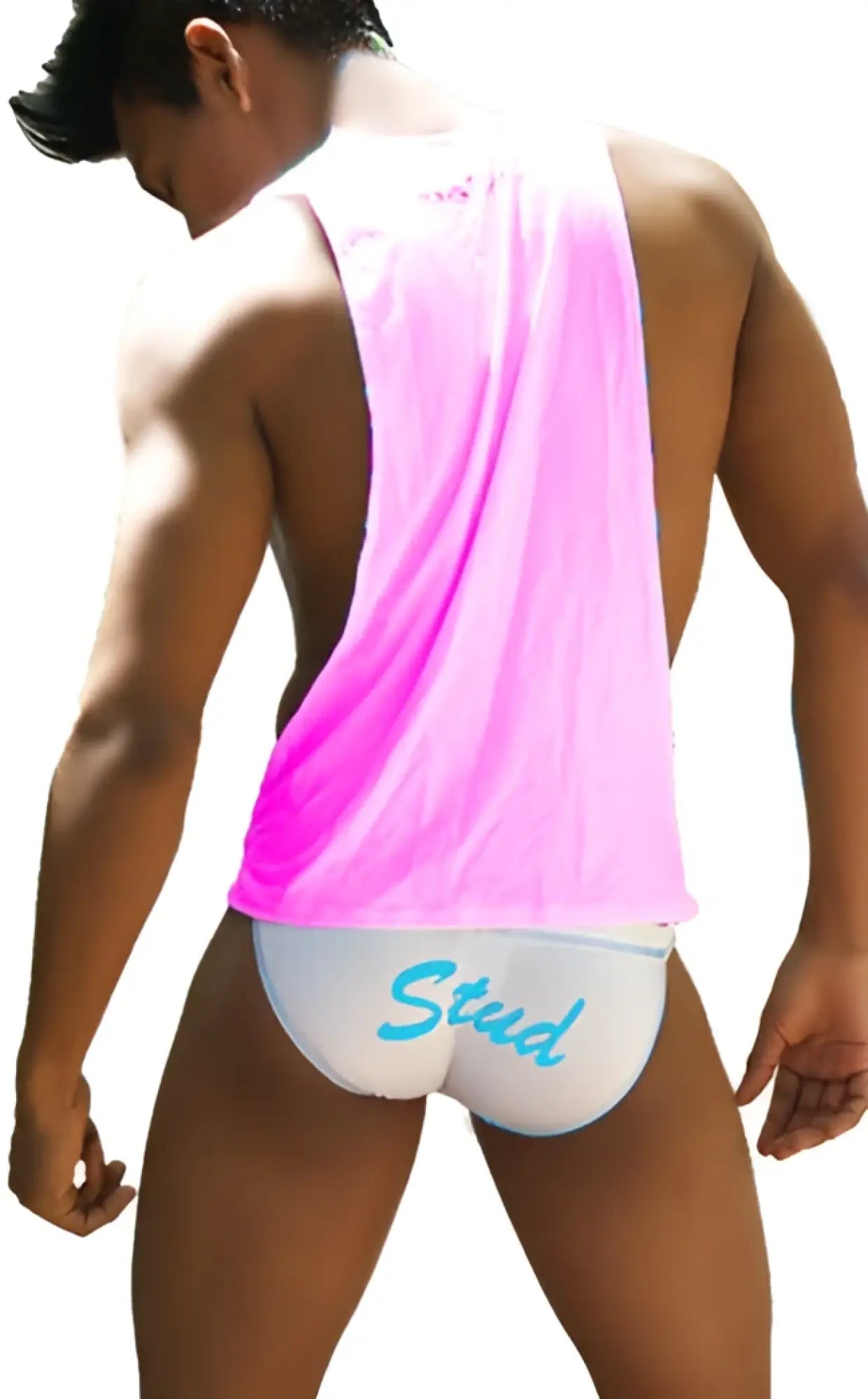 Back view of icker sea stud large armhole pink and white athletic tank top with stud logo on back
