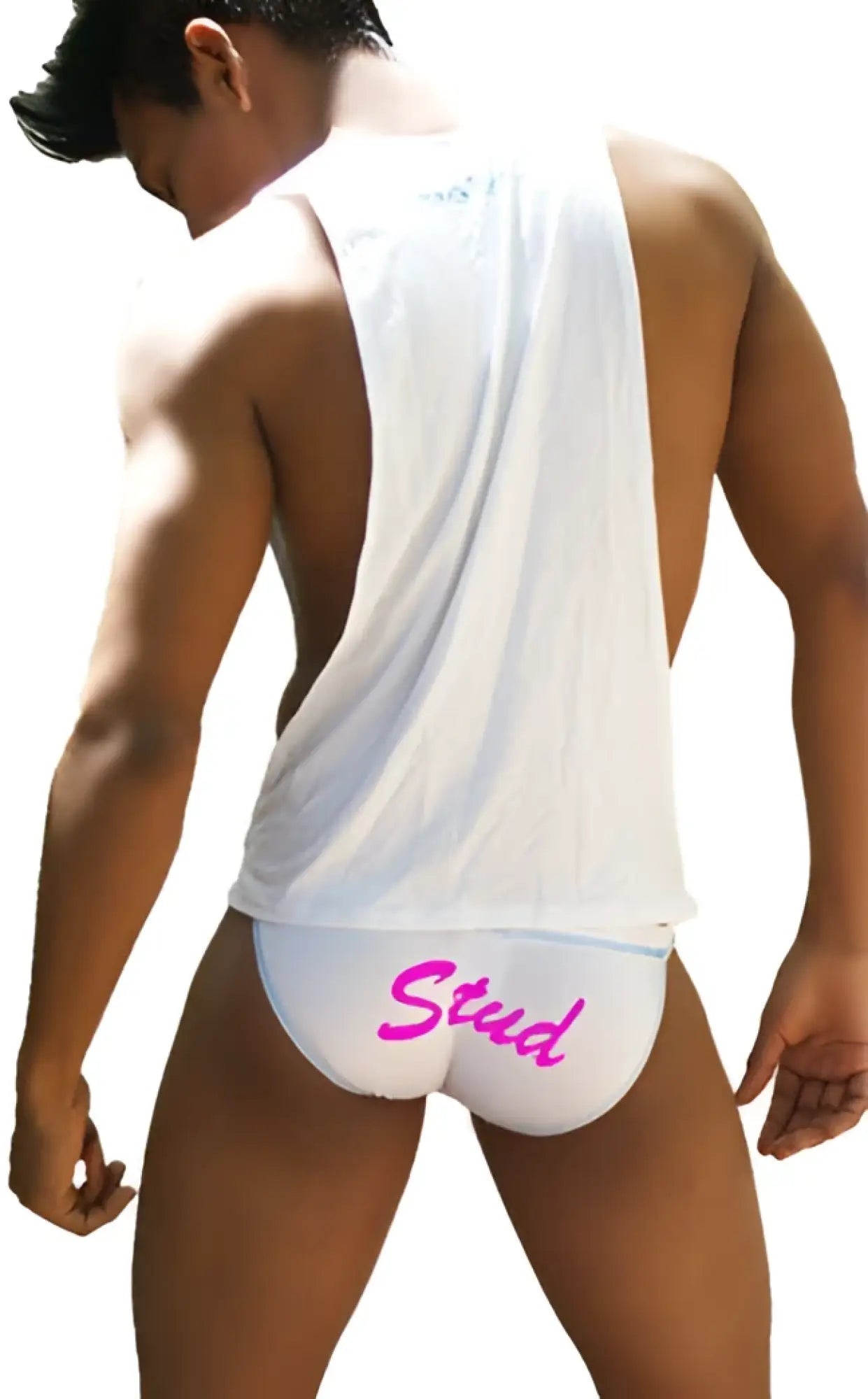 White briefs with pink stud lettering paired with icker sea stud large armhole tank top t shirt white fuchsia