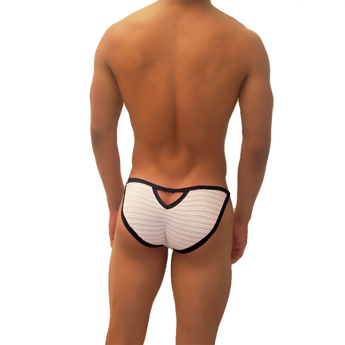 Back view of icker sea superhero stripe cut out micro slip bikini underwear in white with black trim and cutout detail