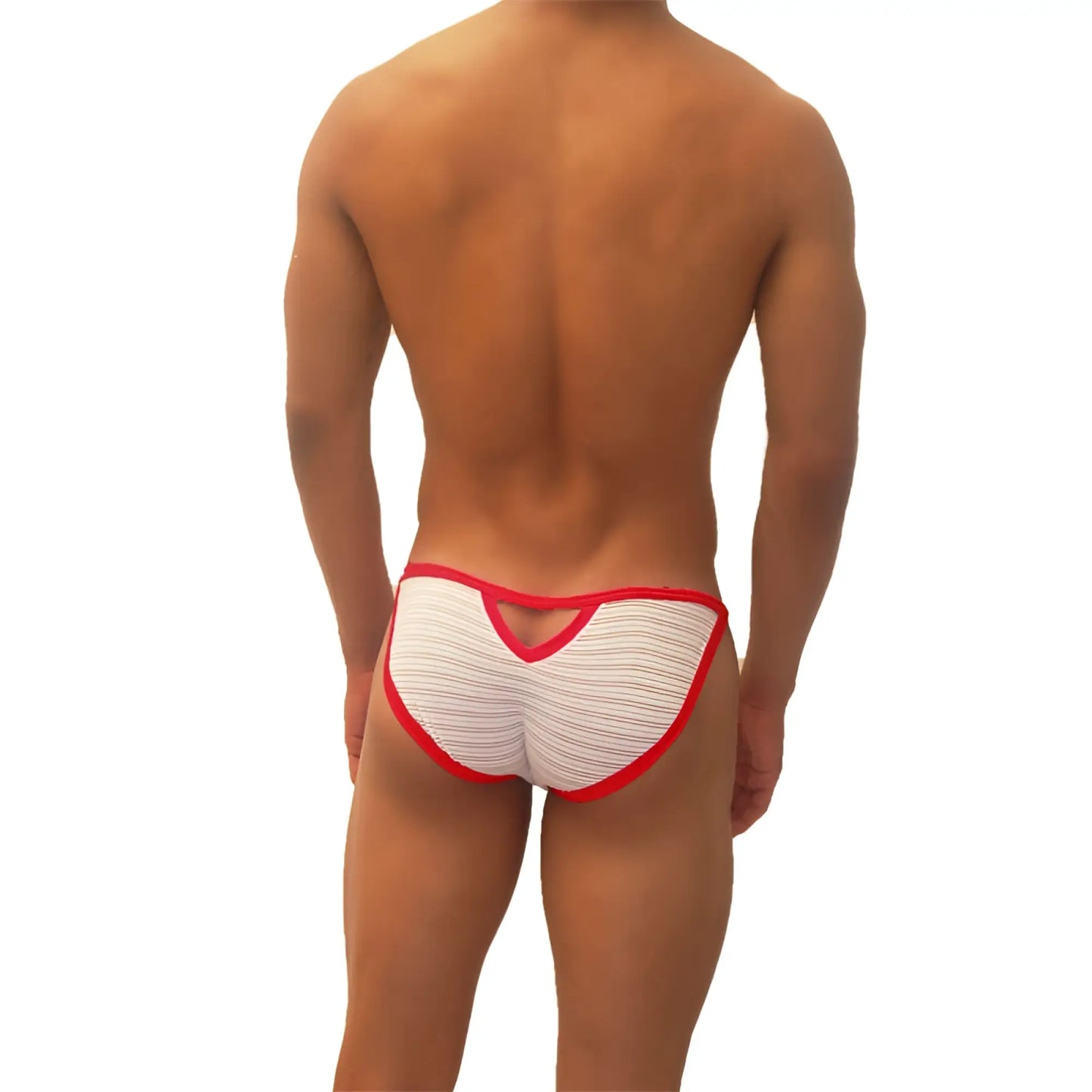 White and red striped men’s briefs with cutout back design from Icker Sea superhero stripe micro slip bikini underwear