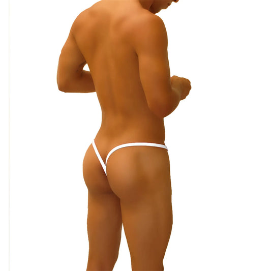 White thong underwear with minimalist design and stretchy fabric showing the back y cut out detail