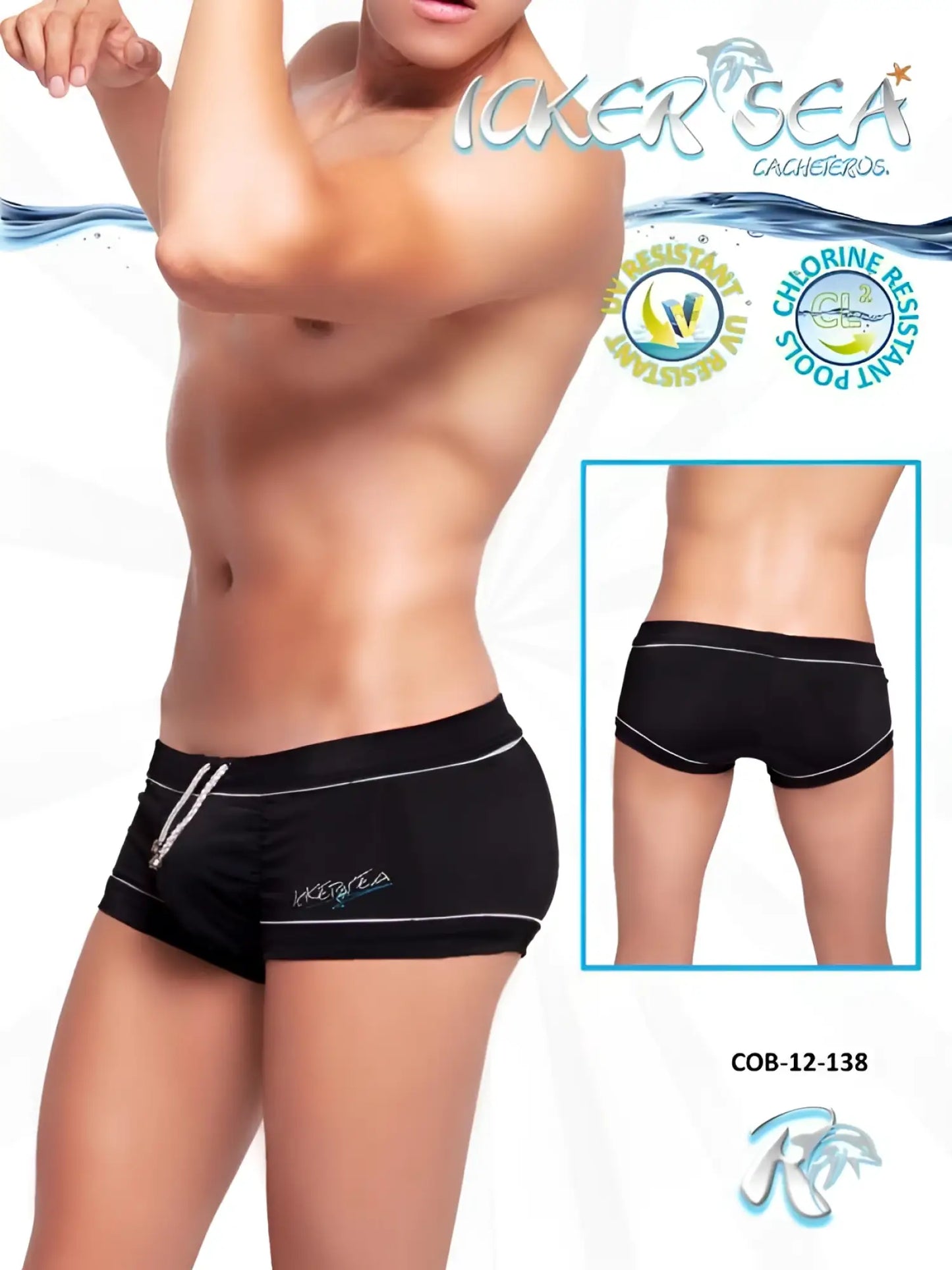 Icker sea tory contrast line square cut black swim trunks with white piping silver zipper and logo detail on side