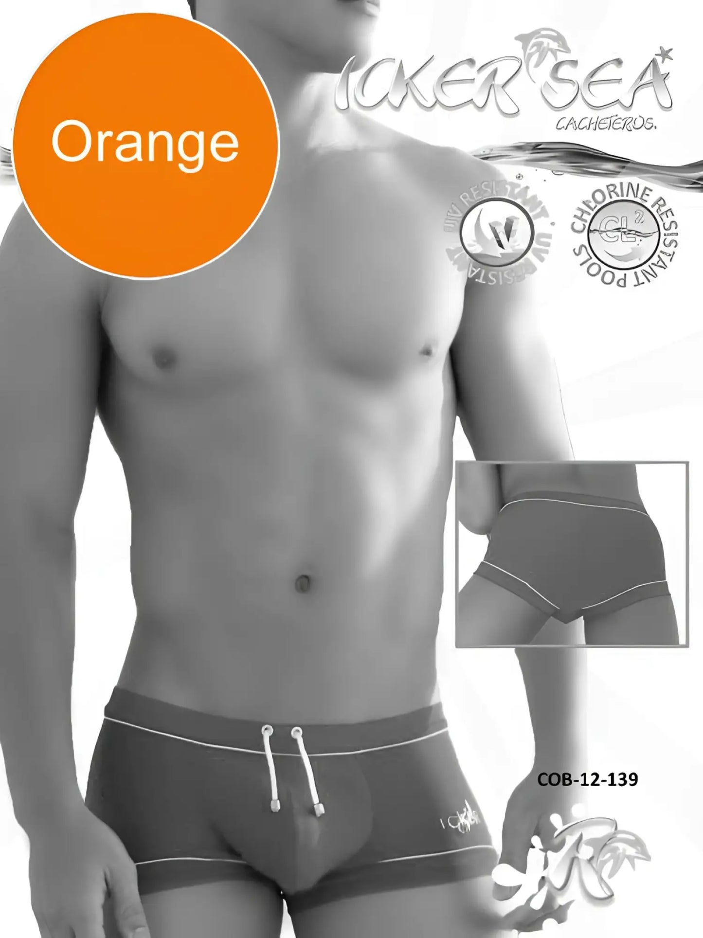 Icker Sea tory contrast line square cut orange swim trunks with white drawstrings and trim for swimming and beachwear