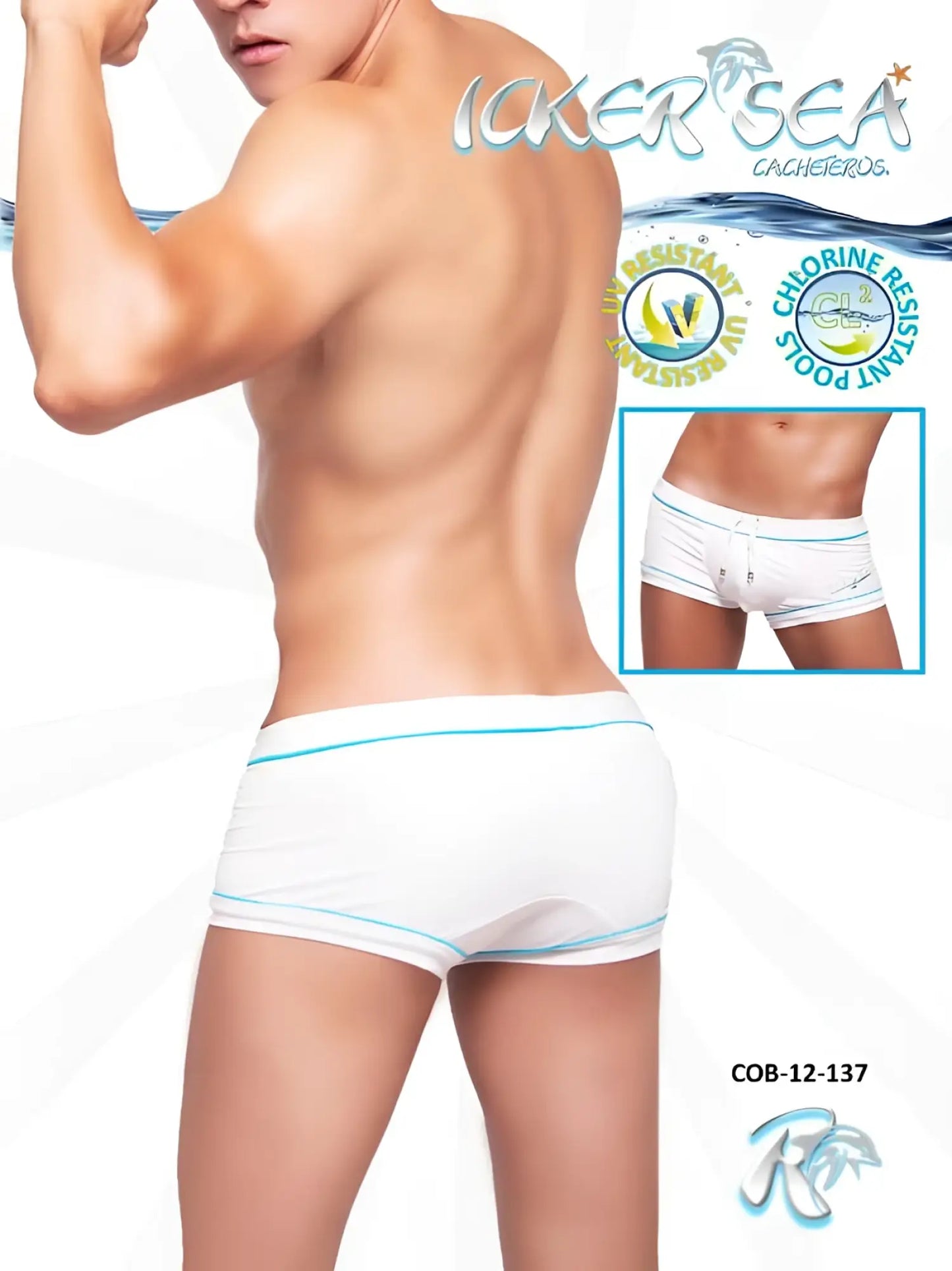 Icker Sea Tory contrast line square cut trunk swimwear in white with light blue trim and sleek modern design