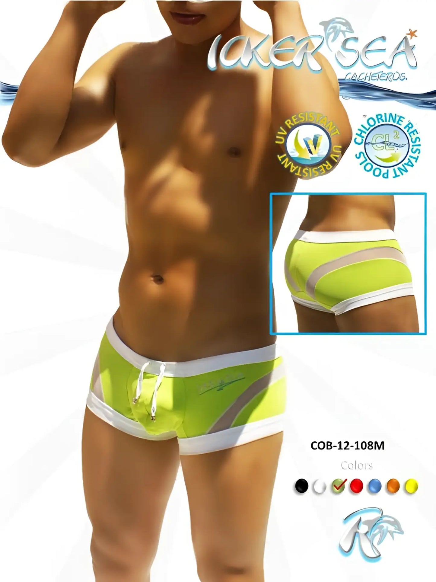 Bright neon green icker sea transparent curve square cut trunk swimwear with white gray accents and drawstring waistband