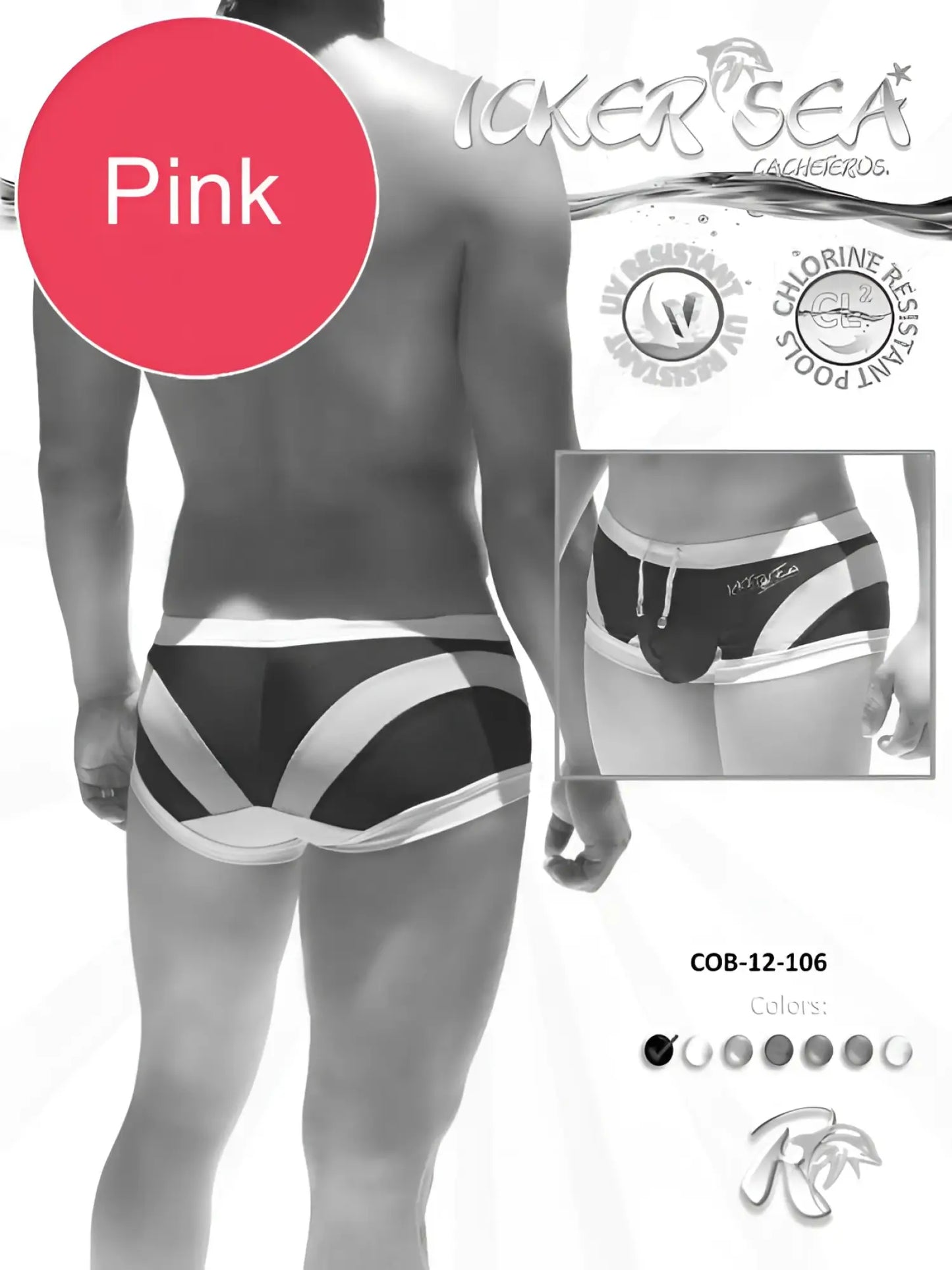 Icker Sea transparent curve square cut trunk swimwear pink with black and white geometric stripes design