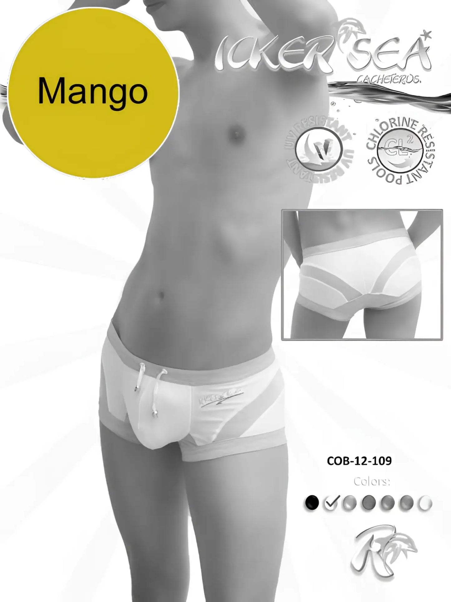 White and gray striped Icker Sea transparent curve square cut trunk swimwear with drawstring waistband
