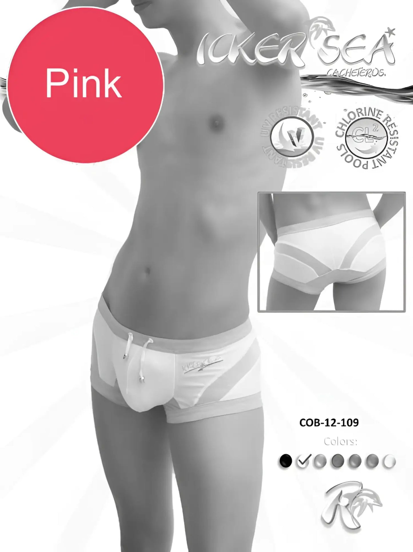 Icker Sea transparent curve square cut pink mens swim trunks with white and gray accents and drawstring waistband