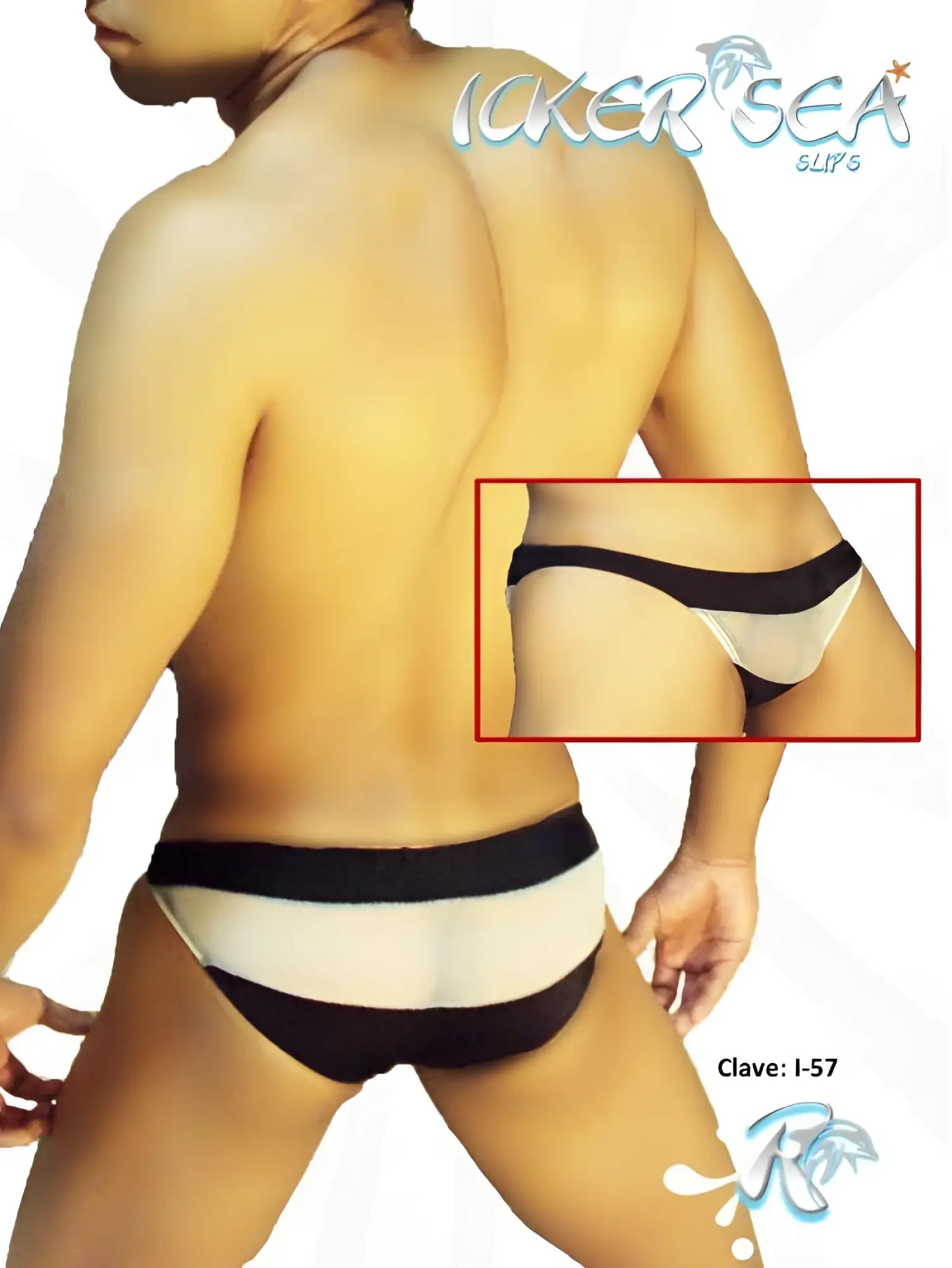 Black and white striped men’s high-waisted swim trunks from Icker Sea transparent panel slip bikini underwear collection