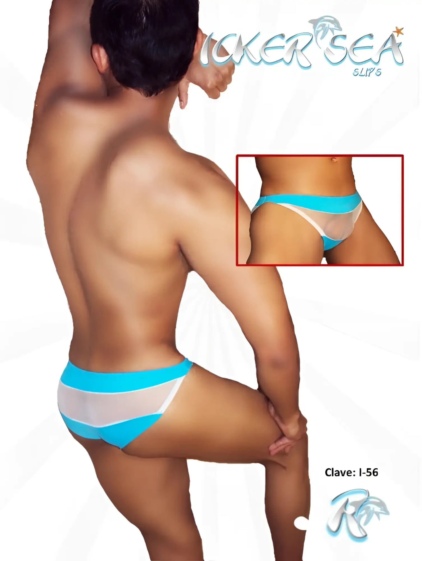 Icker sea transparent panel slip bikini underwear blue in bright turquoise and white mesh with bold horizontal stripes