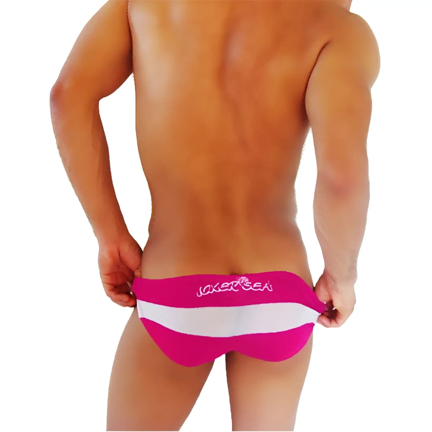 Bright pink and white striped men’s swim trunks with joker and sea branding from icker sea transparent panel slip bikini underwear fuchsia COI-16-23