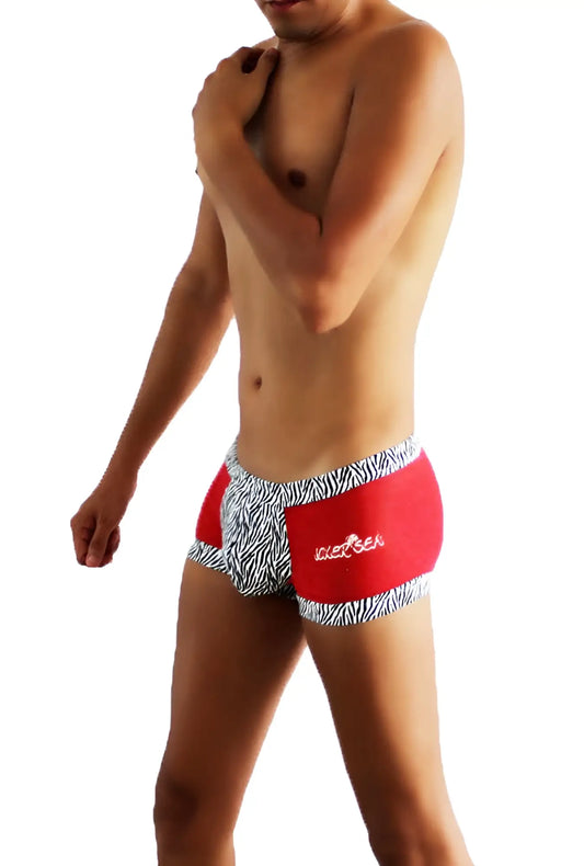 Icker sea zebra mesh boxer briefs in red and black with men’s zebra print and ice sea logo on the side