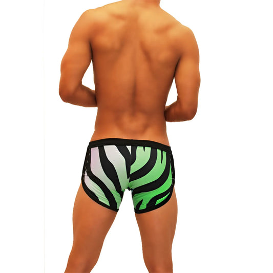 Icker sea zebra open side suspender scalloped shorts swimwear in green and black zebra-striped sleek design
