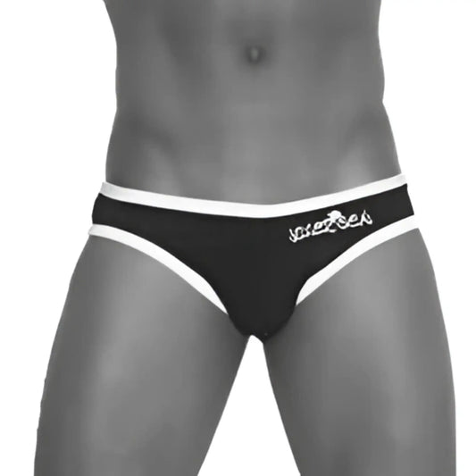 Black and white striped briefs with logo waistband shown from back in icker sea zipper back pas slip bikini swimwear green cob-13-21