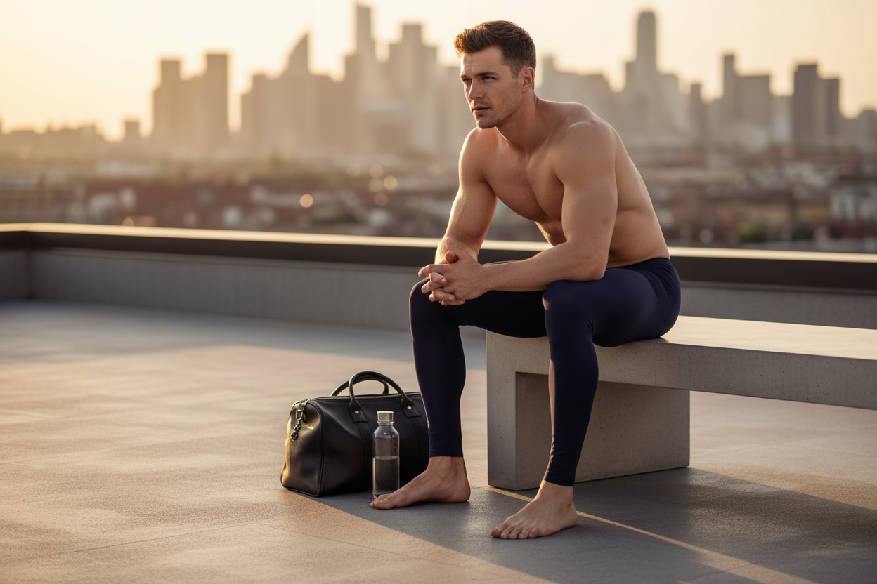 Black leather duffel bag with top handles and front zipper pocket featured with arroyman bulge runner tights rnr006s navy shorts
