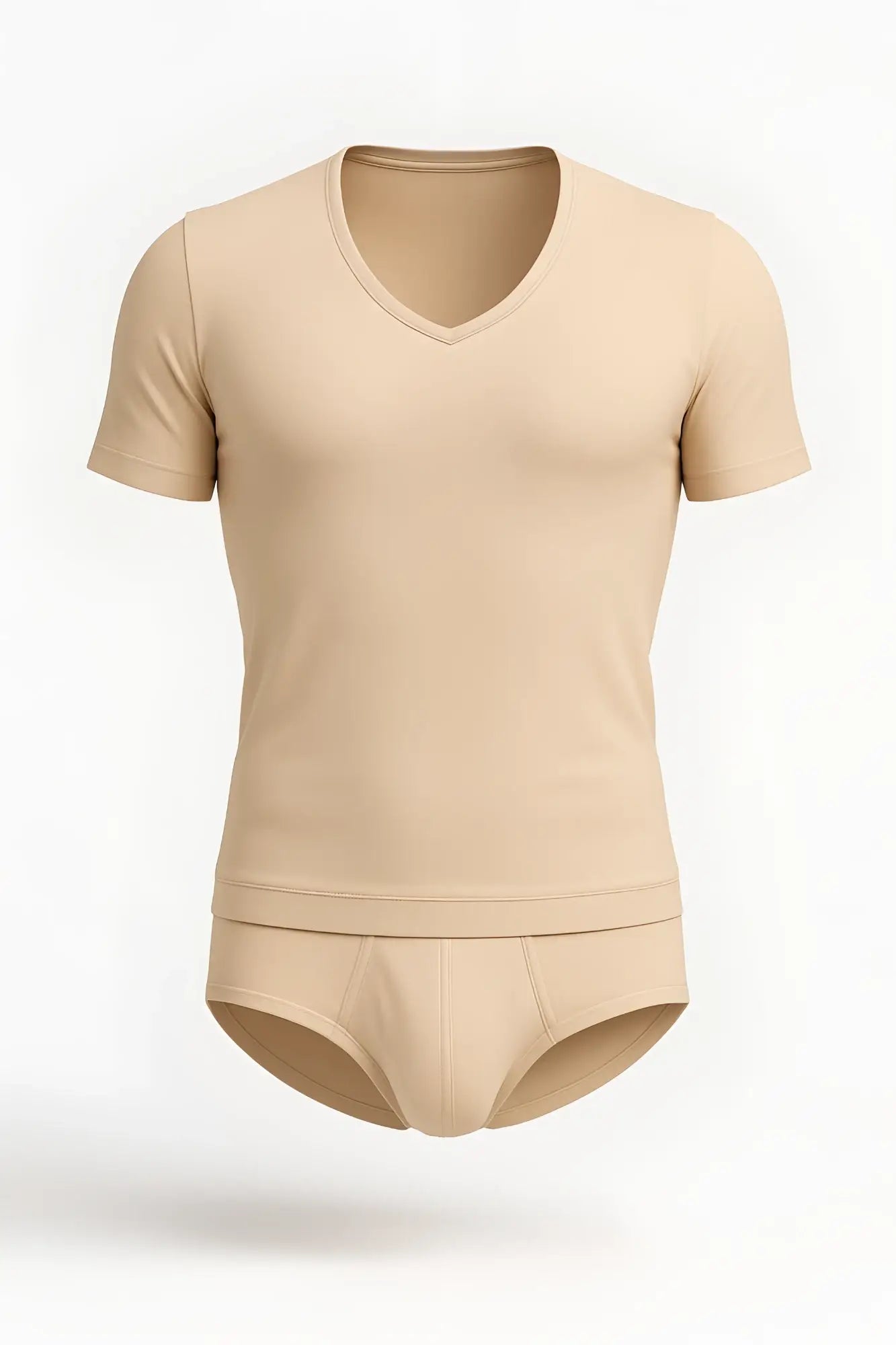 Beige joe snyder v neck short-sleeved undershirt and matching briefs set made from soft comfortable fabric