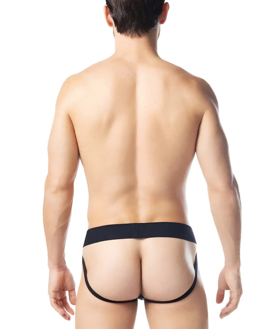 Black form-fitting intake jockstrap briefs with a sleek minimalist design ideal for comfortable everyday wear