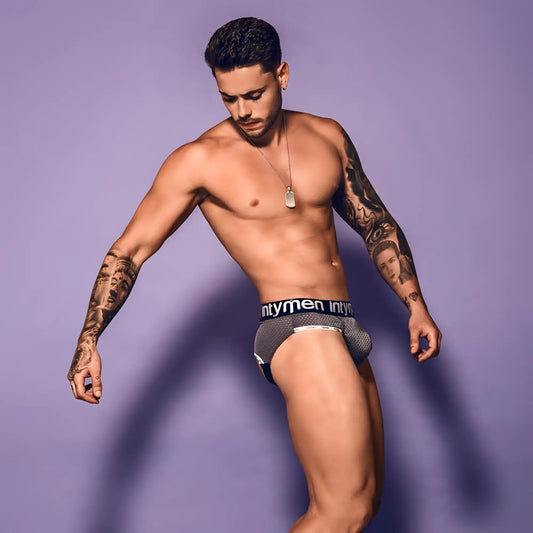 Gray mesh briefs with black elastic waistband featuring intymen branding in intymen ine018 jockstrap