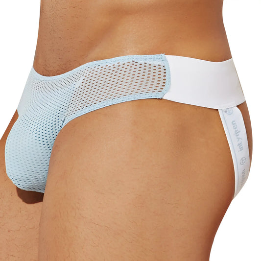 Intymen INE032 jockstrap light blue mesh briefs with white elastic waistband and side strap shown from the back side