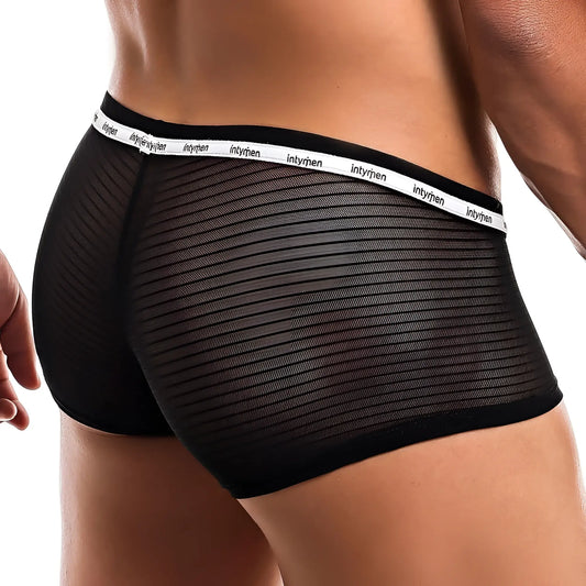 Black mesh briefs with white elastic waistband featuring intymen brand name from intymen ing065 boxer trunk collection