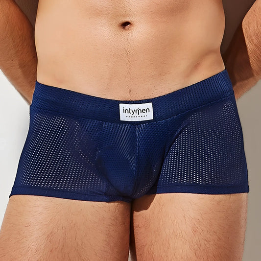 Navy blue mesh Intymen ING080 boxer briefs with breathable fabric and white Intymen underwear label on waistband