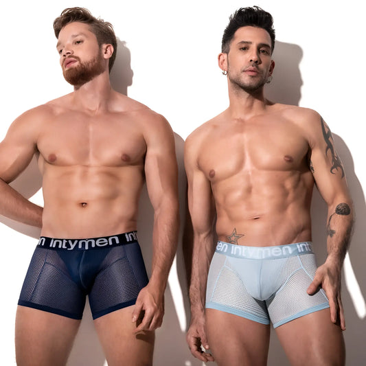 Intymen ING081 boxer brief in navy and light blue mesh with intymen branded waistband for comfortable wear
