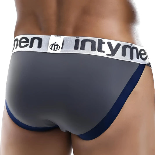 Gray and navy blue intymen ini007 bikini brief with white elastic waistband and black branding for men