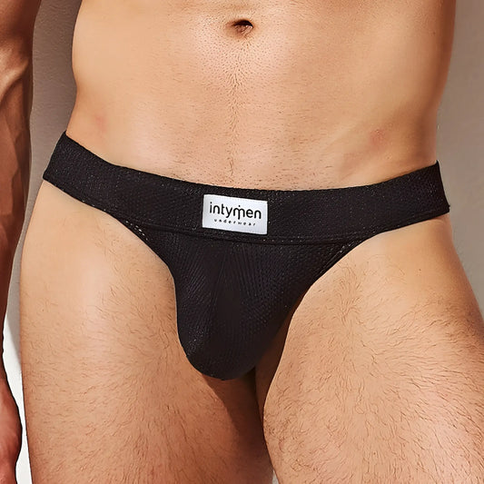 Black mesh bikini briefs with white intymen underwear label on waistband from Intymen INI037 collection
