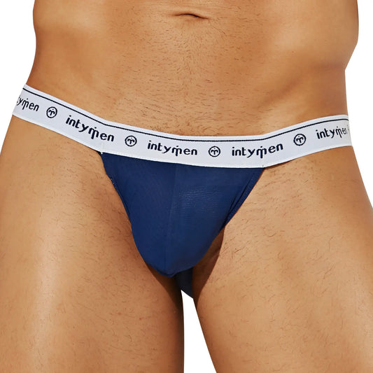 Navy blue intymen ini038 bikini brief thong with white elastic waistband featuring repeating logo and text