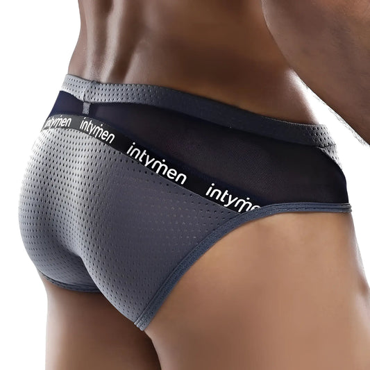 Gray mesh briefs with black elastic waistband featuring intymen brand name in white lettering inj027 brief