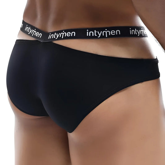 Black briefs with a white intymen logo band featuring a comfortable cotton blend in the intymen inj028 brief design