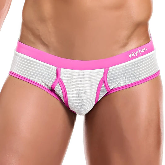 Pink and white mesh briefs with bold pink waistband and intymen brand logo in Intymen INJ056 Brief product