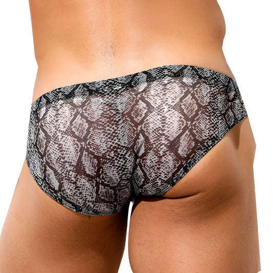 Intymen INJ070 brief black and gray snakeskin-patterned sheer men’s briefs front view
