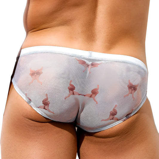 Intymen INJ073 brief transparent mesh briefs with white waistband and pink angel illustrations front side