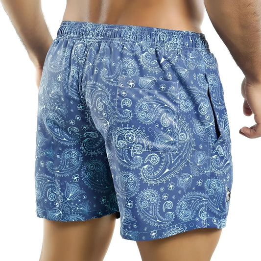 Intymen INO009 swimwear blue swim trunks with white paisley pattern and light blue accents made from lightweight fabric