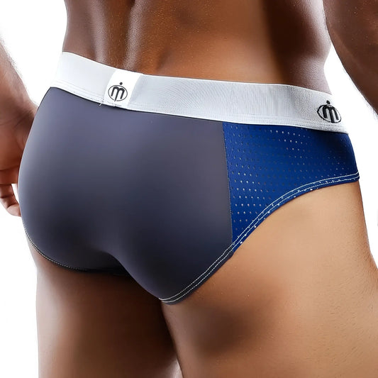 Intymen INT6141 brief dark gray and royal blue athletic briefs with white waistband and perforated mesh side panel