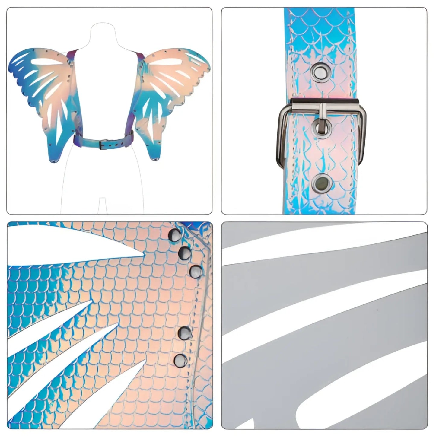 Iridescent butterfly wings harness with mermaid-scale patterned blue and pink holographic material and silver hardware