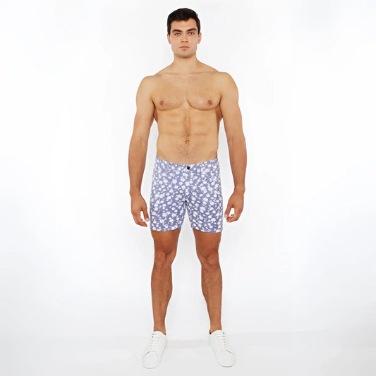 Blue floral patterned men’s jaquard stretch knit shorts showcasing their comfortable and stylish design