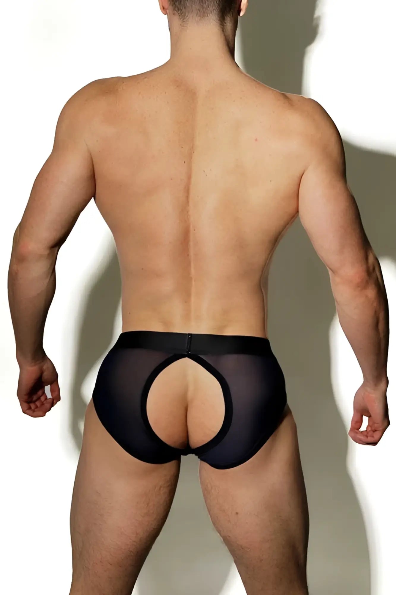 Black sheer mesh jj malibu privacy open back briefs with central back cutout size l navy jjbtm037