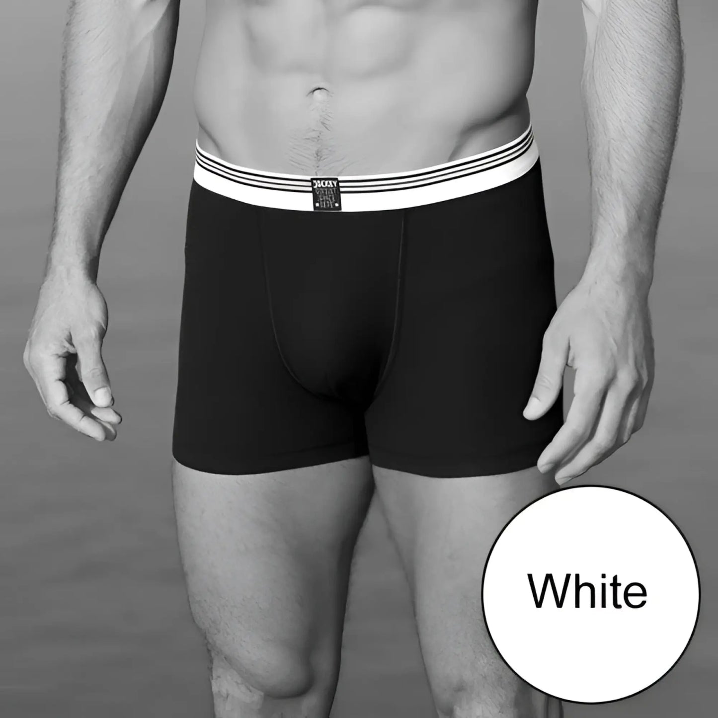 Black jockey rib trunk underwear size 2xl with white elastic waistband featuring three thin stripes and small black label