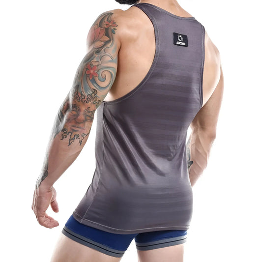 Back view of gray textured Jocko JKM002 tank top with a small black logo patch on the upper back