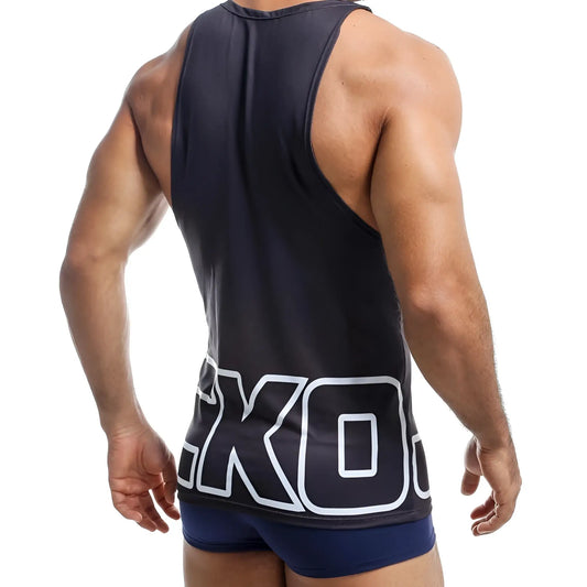 Back view of black jocko jkm005 athletic tank top with bold white outlined xko lettering across the lower back