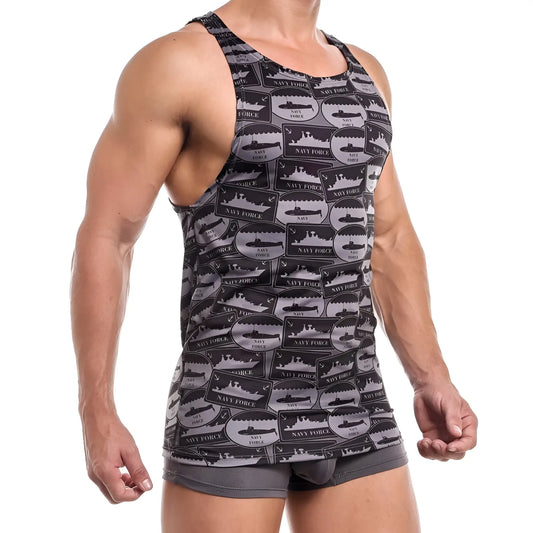 Black and gray Jocko JKM007 tank top with repeating navy force submarine insignia pattern