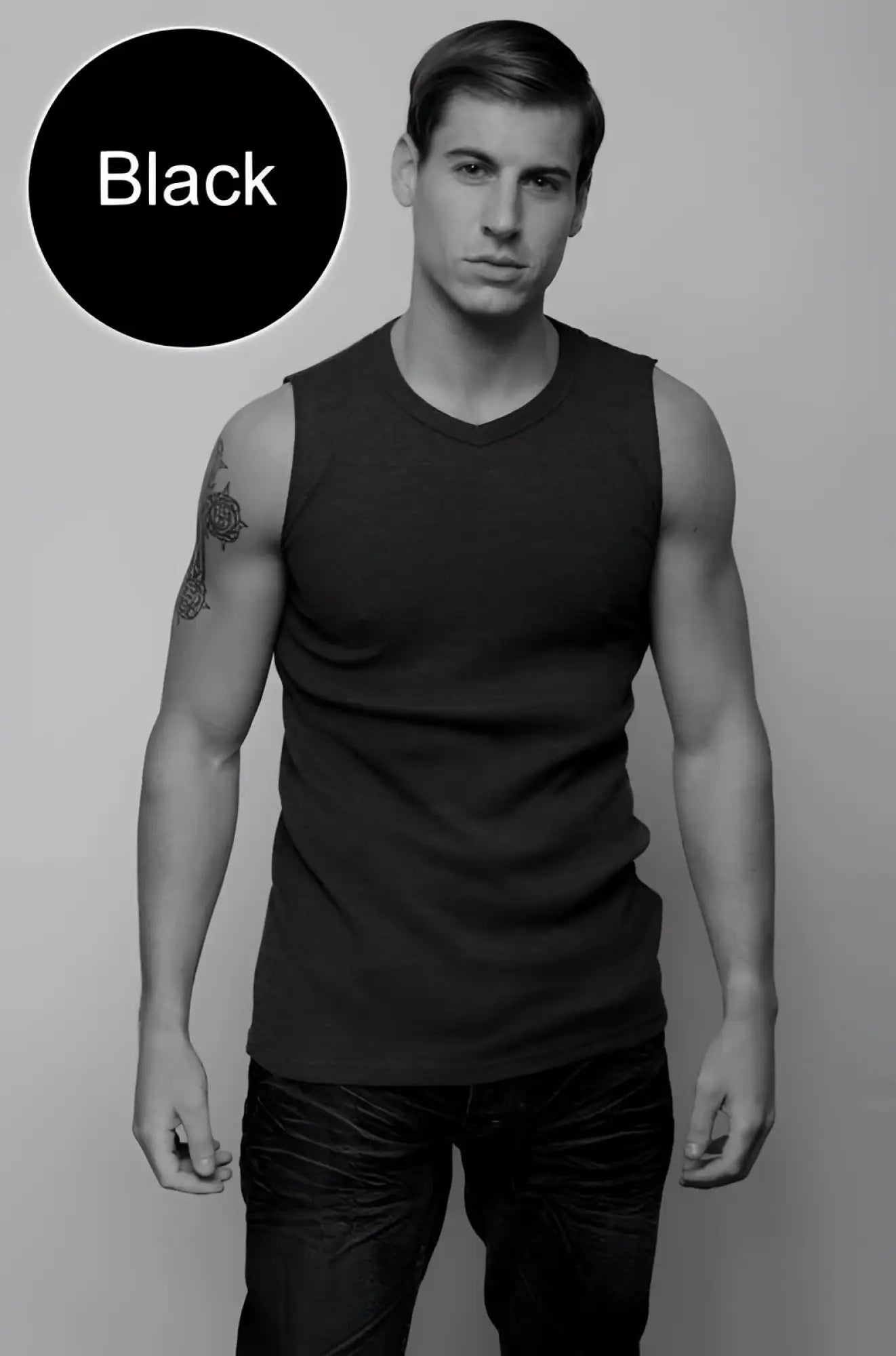 Black sleeveless jocko van v neck muscle top t shirt with v neckline size l designed for athletic wear