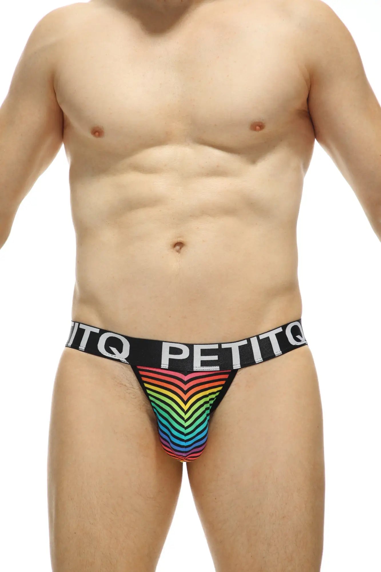 Rainbow-striped men’s briefs with black trim and petitq branded waistband from jockstrap Arneke Monti Rainbow collection