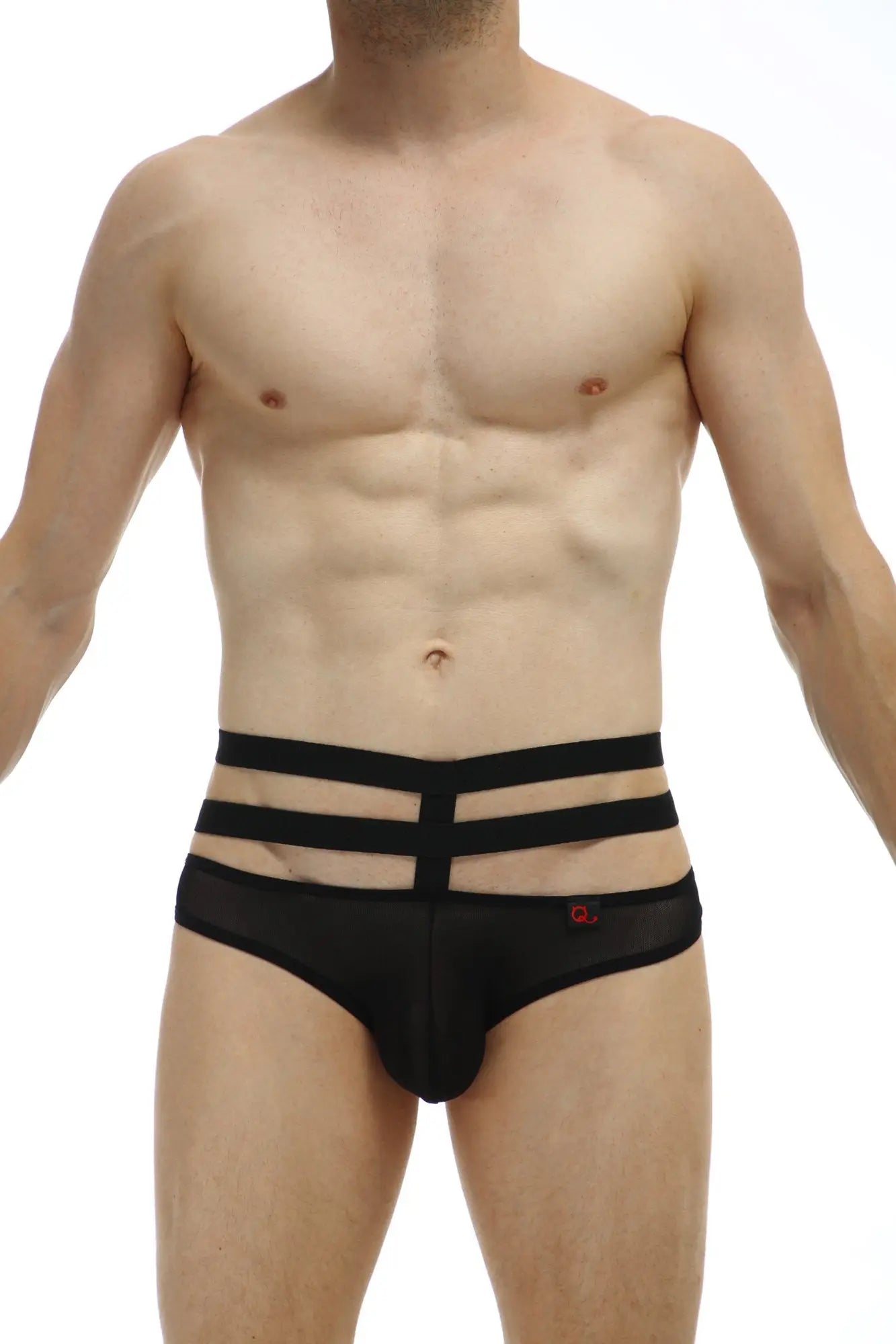 Black three-strapped men’s briefs jockstrap bassan net with sleek design and subtle red logo on the side