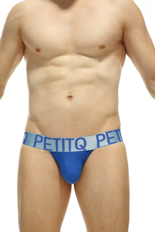 Blue petitq brand briefs with a light blue waistband featuring the petitq logo in bold from the jockstrap blue rainbow line