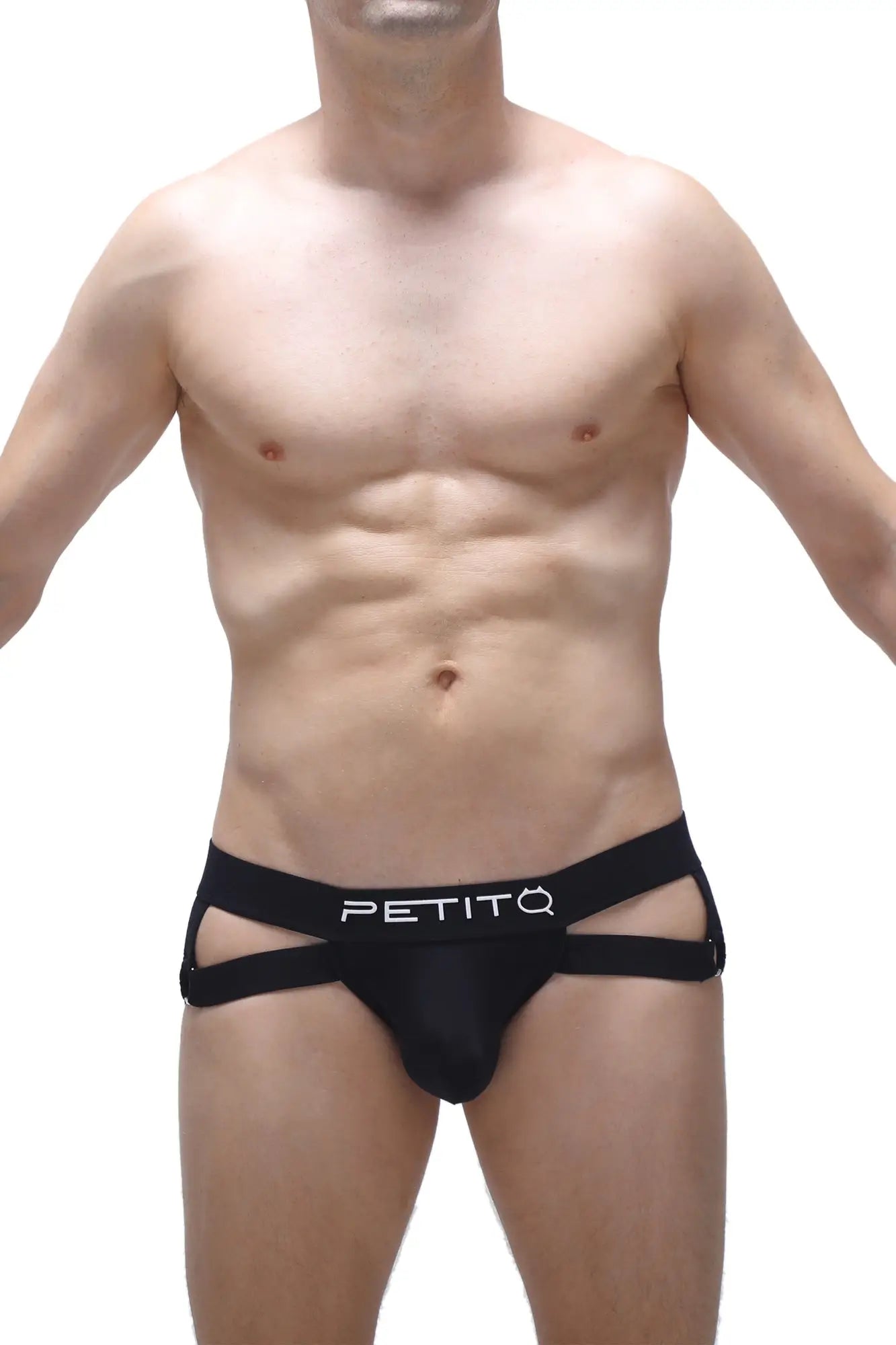 Black petitq jockstrap chery briefs with sleek contoured design and distinctive side cutouts for stylish support