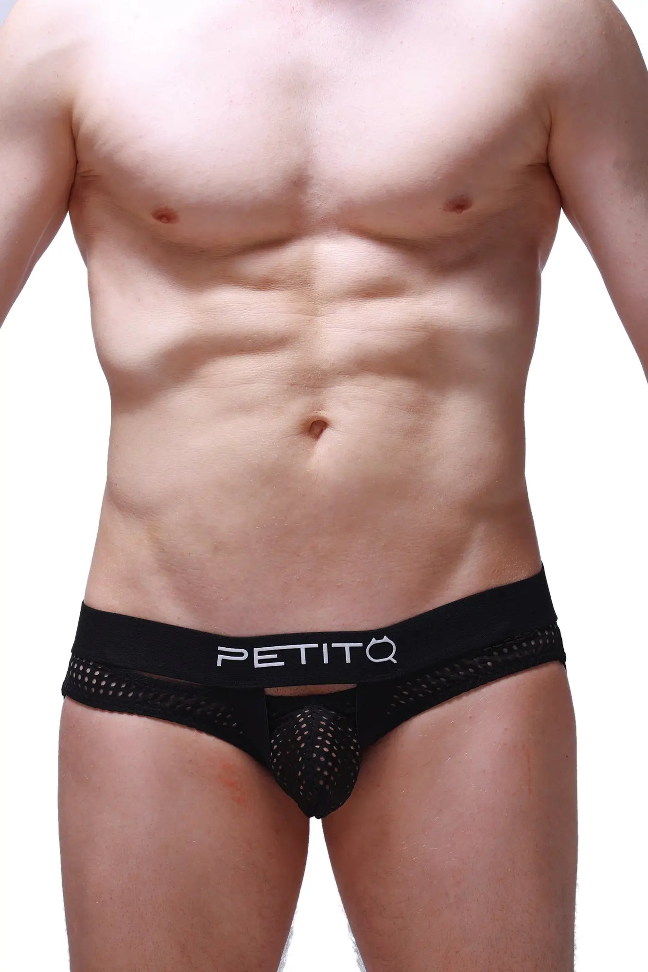 Black mesh jockstrap dolmen durtol with white petitq logo on waistband designed for breathable support