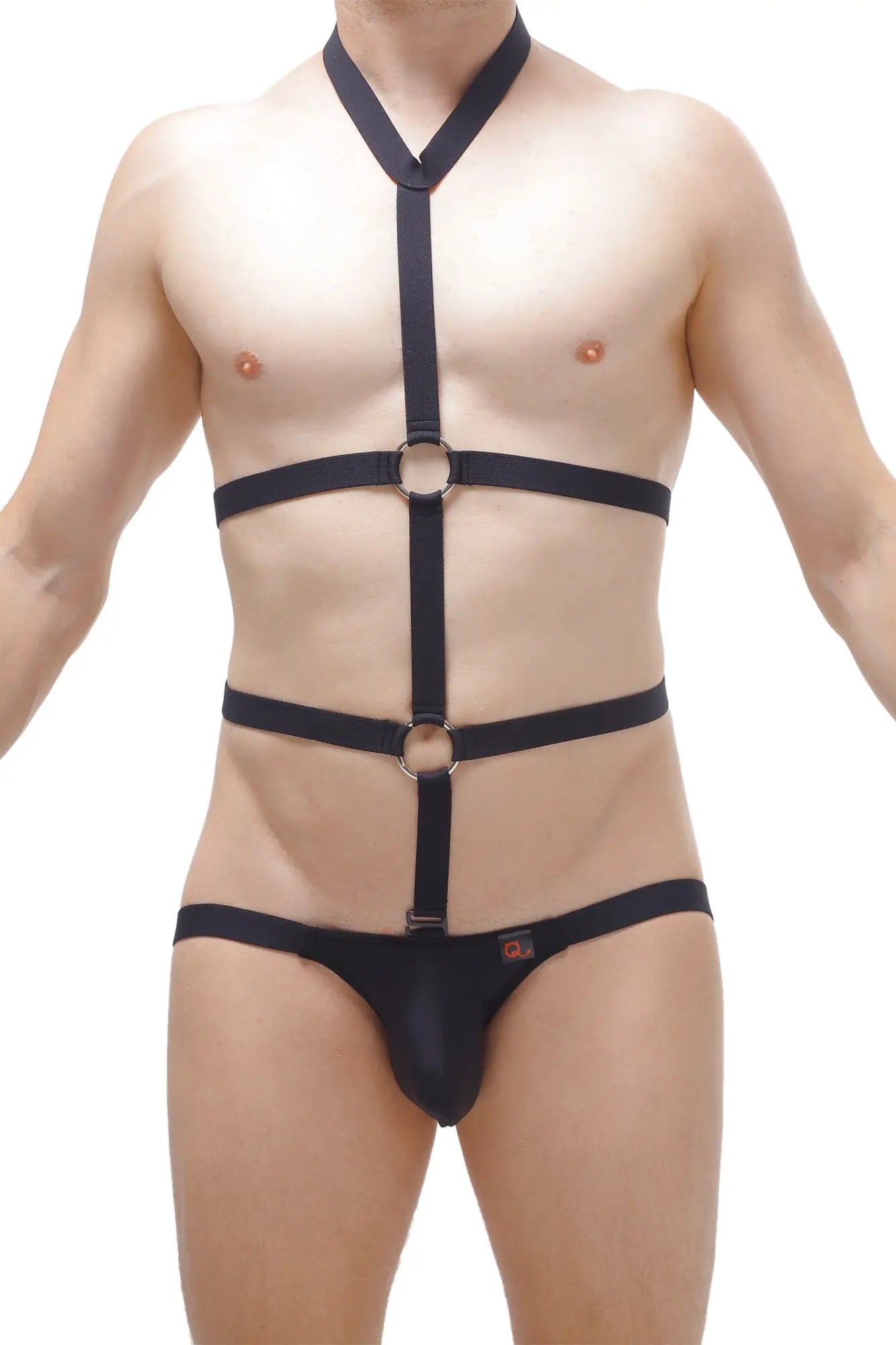 Black leather-like jockstrap harness with metallic rings and adjustable straps shown from the back side